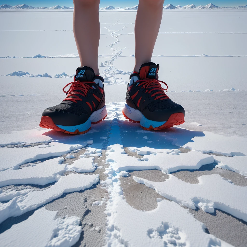 someone is standing on a snow covered field with their shoes on, at the salar de uyuni, at salar de uyuni, running at the edge of space, walking on ice, walking across ice planet, constructed upon salar de uyuni, sneaker photo, standing on rocky ground, running shoes, standing on a martian landscape, ground perspective