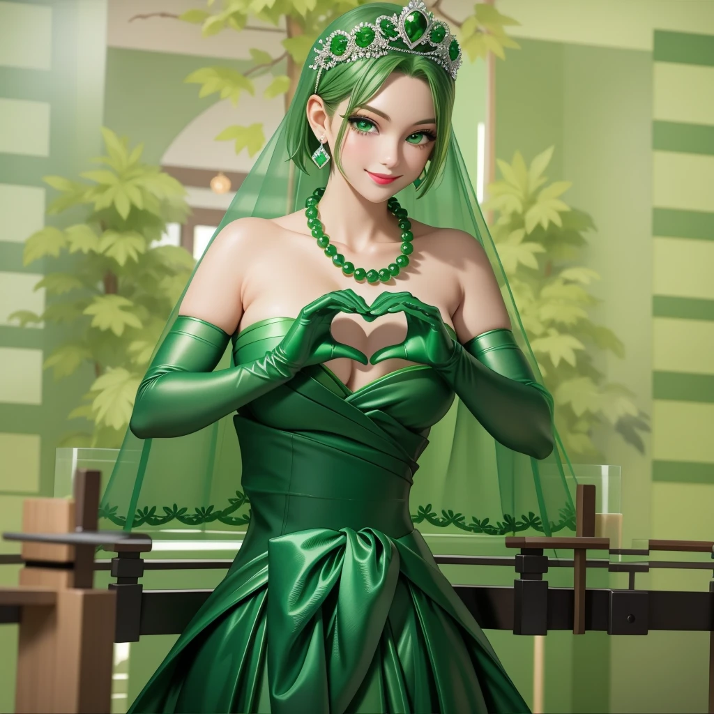 Emerald tiara, Green Pearl Necklace, ボーイッシュな非常に短いGreen Hair, Green Lips, Smiling Japanese woman, Very short hair, Busty beautiful lady, Green Eyes, Green satin long gloves, Green Eyes, Emerald Earrings, Green veil, Heart with both hands, Green Hair, Beautiful Japanese Woman, Heart shaped hands:1.3, green lip gloss