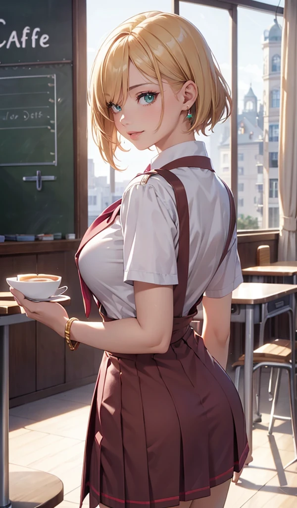 Please follow all prompts below exactly and faithfully. This is a breathtaking masterpiece of digital illustration, with maximum resolution, UHD, 512K, 2160p, 10 million ppi, 300 million dpi, natural color tones, ultra sharp details, perfect outlines with contrast, **most realistic skin and hair textures**, most beautiful detailed eye features, perfect anatomically correct human body, beautiful background with depth, rule of thirds, depth of field, Maximize all element is used to its full potential to create the best digital illustrations, looking back, from behind, 1woman, sexy:1.5, beautiful face sharp, elegant woman, perfect body style, slender, beautiful big breasts, green eyes, blonde hair, hair over one eye, short hair, glossy very thick lips:0.7, pink lipstick:0.7, smile, (school uniform:1.5), ultra miniskirt:1.3, neckless:1.5, earring, bracelet, (open cafe:1.5),