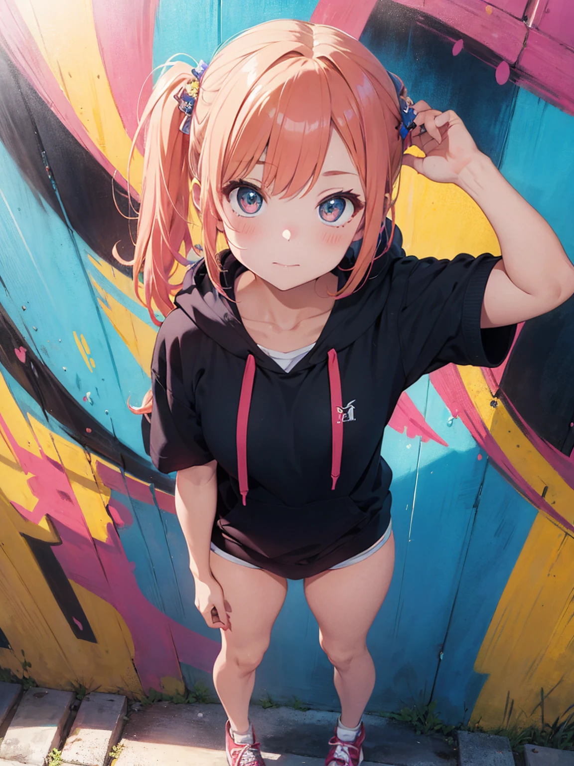 full body, snfw, masterpiece, high quality, highres, absurdres, ultra-detailed, 8k, 1girl, Pastel colors hair, multicolored hair, gradient hair, looking at viewer, colorful eyes, (Pastel colors panties), (ultra-small panties), (unadorned panties), (colorful hoodie), Well-endowed, breasts, full body shot, ((angle from below)), (graffiti murals wall background:1.15), brilliant colorful paintings,  portrait, cross hair ornament, against wall, bangs, shadow, reflection