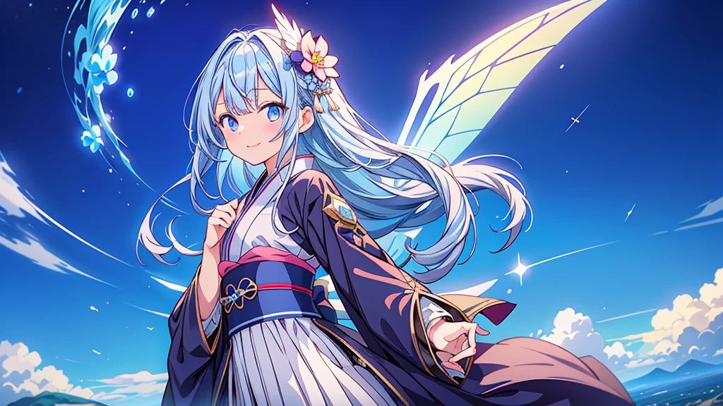 Highest quality、Masterpiece、Official Art、Dynamic composition、One Girl, alone,starの妖精、 Hello, Virtual YouTuber, Milky white with blue inner color hair, Transparent little fairy wings, Hello,wings, Blue Hair, smile, View your viewers, 青いbackground, background, Long Hair, Single hair ingestion, upper dy whole body,Blue eyes, 眉毛より上の短めのbangs, bangs, blue eyes,Sleeves are longer than the wrist, Gothic Lolita Kimono Remade from Kimono、universe、Milky Way、star、