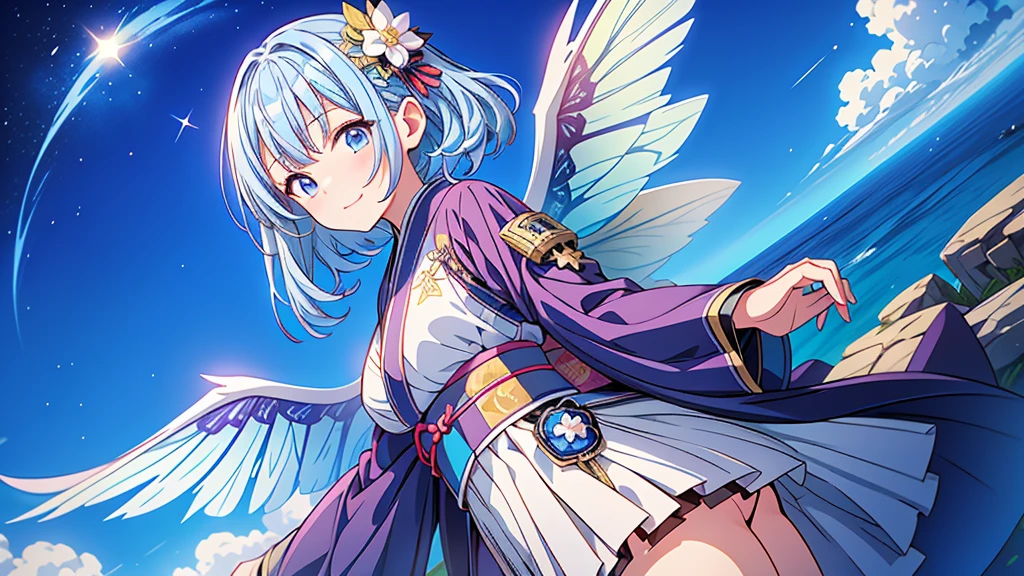Highest quality、Masterpiece、Official Art、Dynamic composition、One Girl, alone,starの妖精、 Hello, Virtual YouTuber, Milky white with blue inner color hair, Transparent little fairy wings, Hello,wings, Blue Hair, smile, View your viewers, 青いbackground, background, Long Hair, Single hair ingestion, upper dy whole body,Blue eyes, 眉毛より上の短めのbangs, bangs, blue eyes,Sleeves are longer than the wrist, Gothic Lolita Kimono Remade from Kimono、universe、Milky Way、star、
