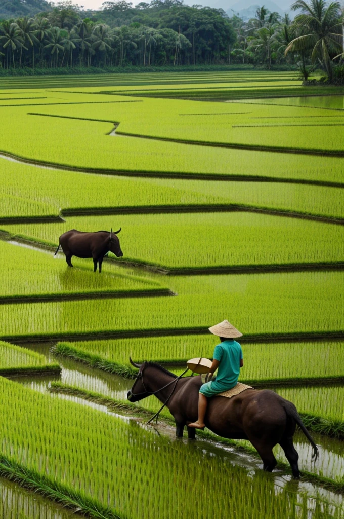 Preparing the rice field using carabao