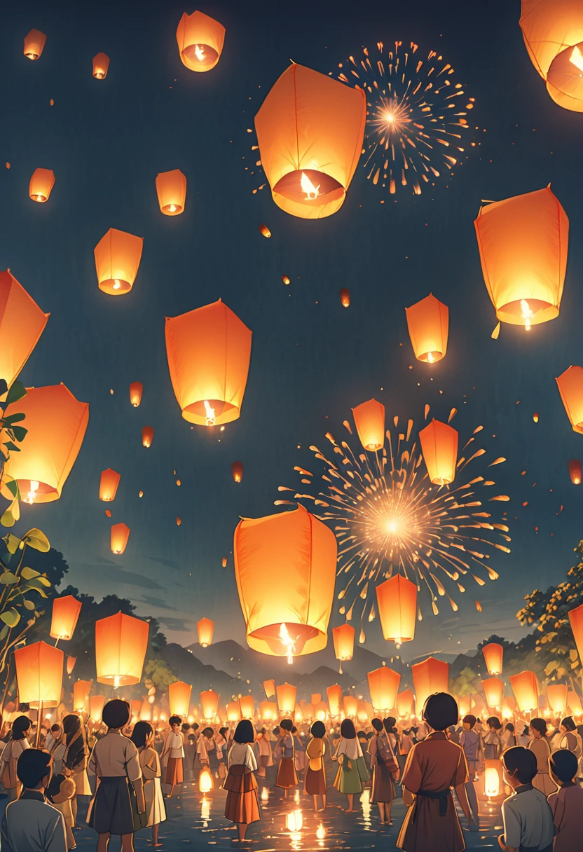 Loy Krathong,Chiang mai , Lanna style, at night, Full Moon, There are many lanterns floating in the sky, Thailand建筑2D , Faded photos ,Retro colors, lining, Very high quality work , Very high detail , There are many combinations... , cartoon, 4K, attitude, Retro Style , Thailand