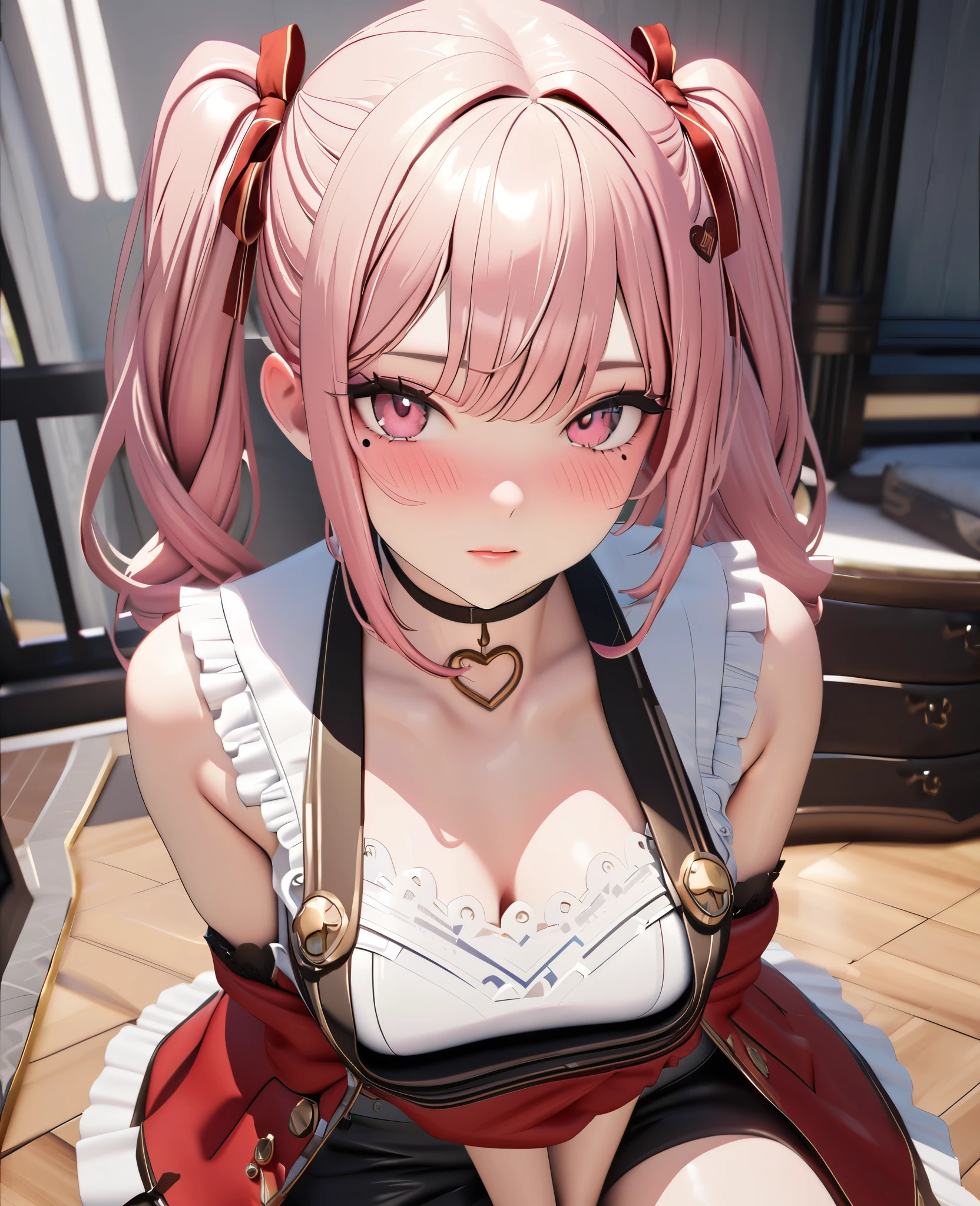 masterpiece, best quality, highly detailed, high resolution, expensive resolution, high resolution, 4K, 8k, uniform 8k wallpaper, highly detailed CG, masterpiece, 2D, 3D, beautiful details, depth, fine texture, best quality: 1.3, perfectly focused, crispy. skin, him, cute anime 20s girl, her name is Mei, idol, expensive brown short twin tails, mole under eye, looking at the viewer, cowboy shorts, expensive, blush, mole, plump lips, heart, pink eyes, heart shaped choker