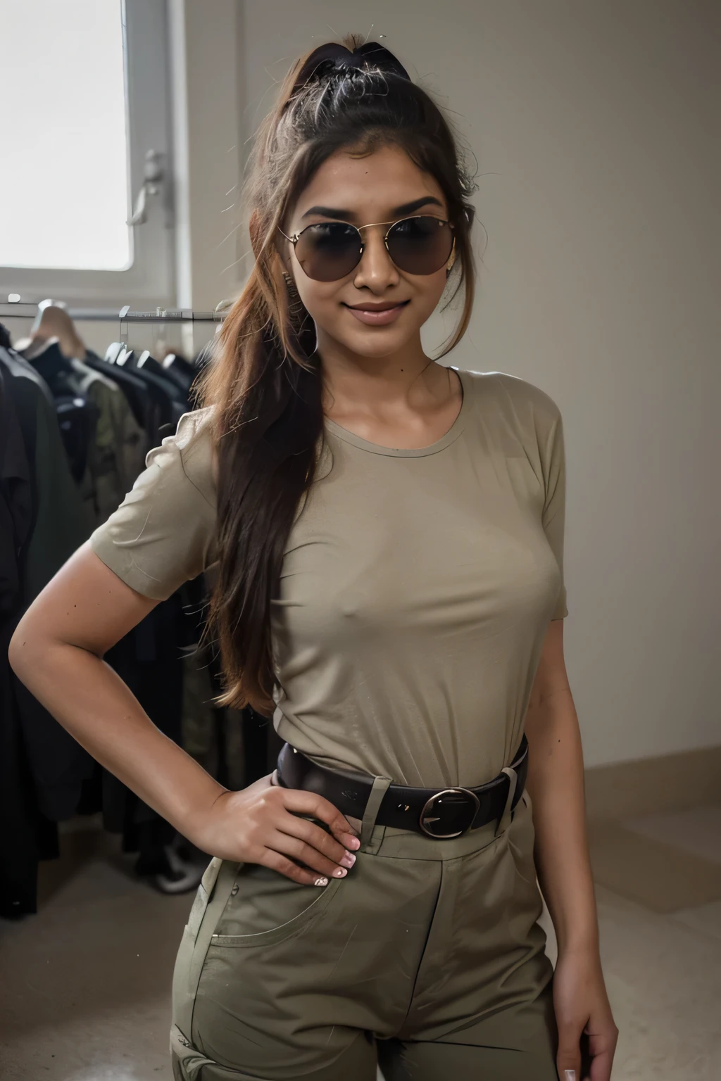 ((best quality)), ((masterpiece)), (detailed), a beautiful 21 year old Indian girl with long hair smiling face beautiful eyes wearing a army clamafauge khaki t shirt and army pant army belt in background of a army fighter jet ponytail hair wearing sunglasses in eyes pic taken till waste 