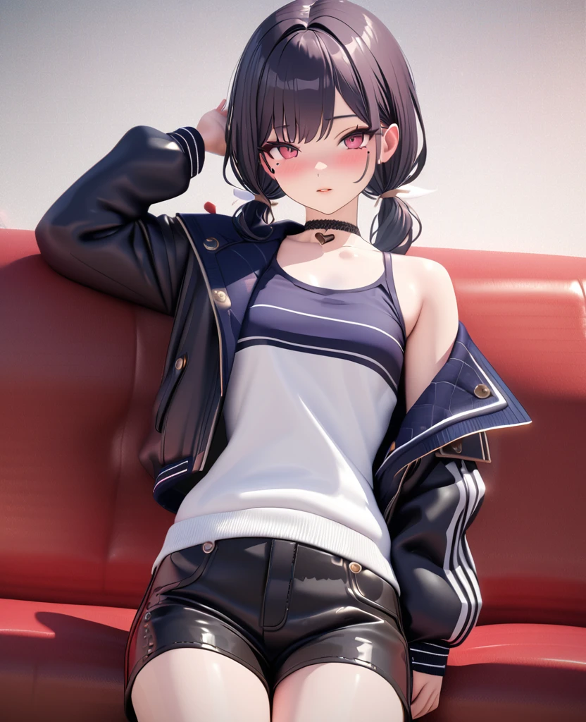 masterpiece, best quality, highly detailed, high resolution, expensive resolution, high resolution, 4K, 8k, uniform 8k wallpaper, highly detailed CG, masterpiece, 2D, 3D, beautiful details, depth, fine texture, best quality: 1.3, perfectly focused, crispy. skin, him, cute anime 20s girl, her name is Mei, idol, expensive brown short twin tails, mole under eye, looking at the viewer, cowboy shorts, expensive, blush, mole, plump lips, heart, pink eyes, heart shaped choker
