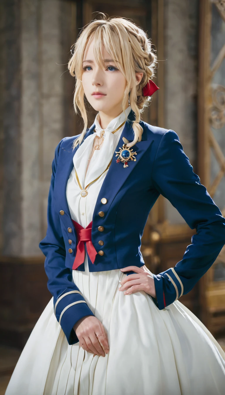 violet evergarden, braid, hair ribbon, red ribbon, jewelry, white ascot, brooch, blue jacket, long sleeves, mechanical hands, white dress, long dress