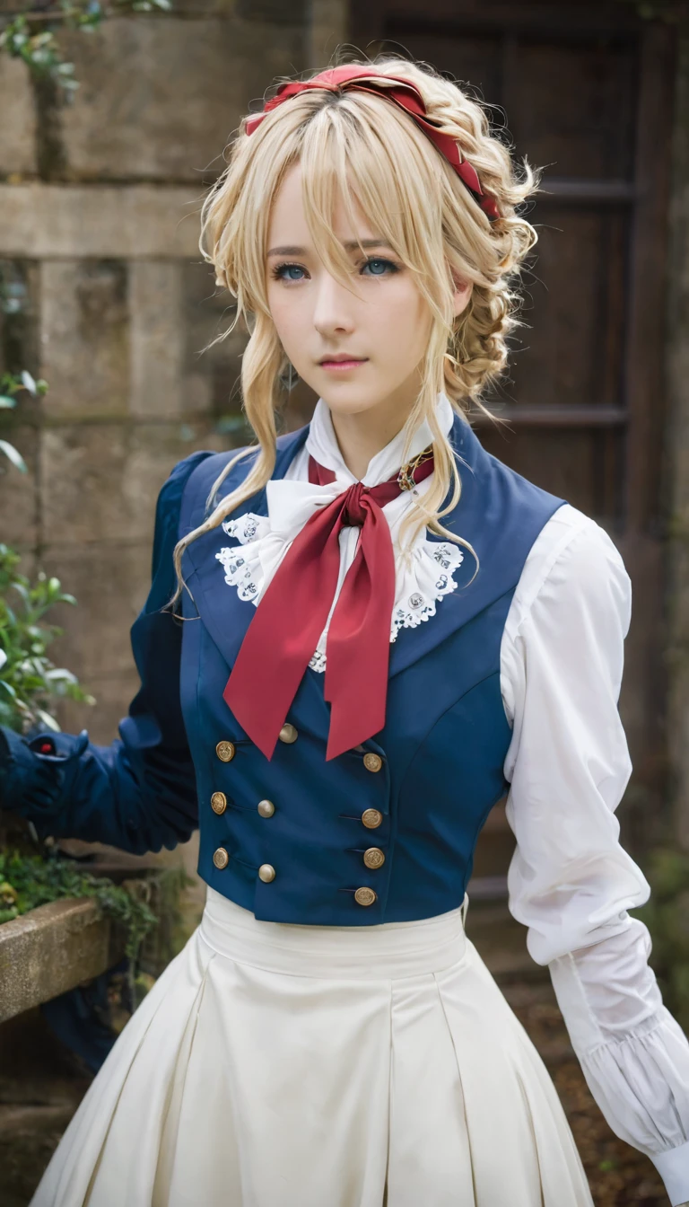 violet evergarden, braid, hair ribbon, red ribbon, jewelry, white ascot, brooch, blue jacket, long sleeves, mechanical hands, white dress, long dress