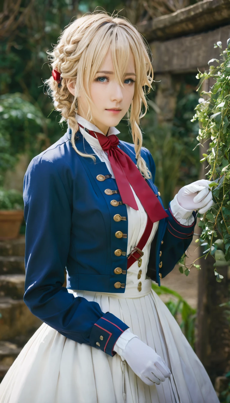 violet evergarden, braid, hair ribbon, red ribbon, jewelry, white ascot, brooch, blue jacket, long sleeves, mechanical hands, white dress, long dress