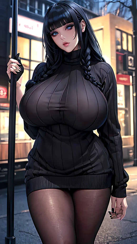 (in 16K、A high resolution、Best Quality、 masuter piece、unreal engine、amine、top-quality、From the thighs up:1.2),(Natural Skin Texture、Detailed skin、Beautiful skin、ultra sharpness),intricate detailes、Extraordinary beauty,(((gigantic breasts,voluptuous body、1 cute woman,20 to 25 years old,adult lady,Wednesday Adams,Black nails,))),(an extremely cute and beautiful face:1.2),(((big eyes,sharp eyes,eye bags,eyelash extension,pale skin,black hair,blunt bangs,bottomless,Braid))),(独奏,empty eyes,Expressionless,Tempting,darkness,Dark atmosphere:1.6),(virgin killer sweater:1.4),(Are standing,Late Night,bustling street,Passersby,dim:1.5),