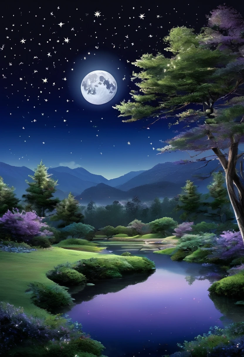 A breathtaking night scene with a full moon illuminating the sky, creating a serene and mystical atmosphere. The moonlight casts a gentle glow on the surrounding landscape, highlighting the silhouettes of distant mountains and a tranquil lake reflecting the lunar light. The sky is adorned with twinkling stars, adding a sense of wonder to the scene. The colors are soft and ethereal, with shades of blue, silver, and a hint of purple. 
