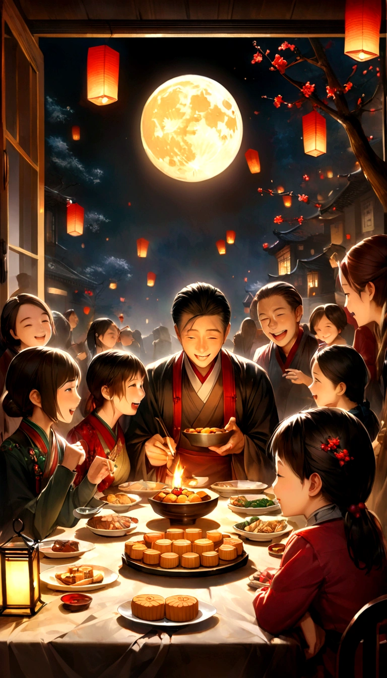 A family sitting together, Enjoy a festive dinner, Surrounded by a warm and comfortable atmosphere. The room was beautifully decorated，Equipped with lanterns, Symbolizes the joy of Mid-Autumn Festival. The table is filled with all kinds of delicious food, Includes traditional mooncakes. Moonlight shone through the windows, Casting a soft glow on everyone&#39;s face. The family is talking and laughing, 在这个特殊的时刻表达他们的like和幸福. Artworks are made from the finest materials, Such as oil painting or high-resolution digital rendering, Ensure the highest quality and detail. Bright colors, Create visually stunning presentations for holiday celebrations. Carefully designed lighting, Focus on capturing the warm and peaceful atmosphere of the night. This piece of art is a masterpiece, With ultra-fine elements and realism, Realistic style. The moon in the night sky is depicted as a perfect circle, Represents the full moon of the Mid-Autumn Festival. The scene is full of joy, like, and togetherness, Capture the essence of the festival.You can see the full moon hanging high in the sky