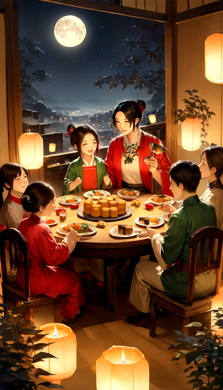 A family sitting together, Enjoy a festive dinner, Surrounded by a warm and comfortable atmosphere. The room was beautifully decorated,Equipped with lanterns, Symbolizes the joy of Mid-Autumn Festival. The table is filled with all kinds of delicious food, Includes traditional mooncakes. Moonlight shone through the windows, Casting a soft glow on everyone's face. The family is talking and laughing, 在这个特殊的时刻表达他们的like和幸福. Artworks are made from the finest materials, Such as oil painting or high-resolution digital rendering, Ensure the highest quality and detail. Bright colors, Create visually stunning presentations for holiday celebrations. Carefully designed lighting, Focus on capturing the warm and peaceful atmosphere of the night. This piece of art is a masterpiece, With ultra-fine elements and realism, Realistic style. The moon in the night sky is depicted as a perfect circle, Represents the full moon of the Mid-Autumn Festival. The scene is full of joy, like, and togetherness, Capture the essence of the festival.You can see the full moon hanging high in the sky