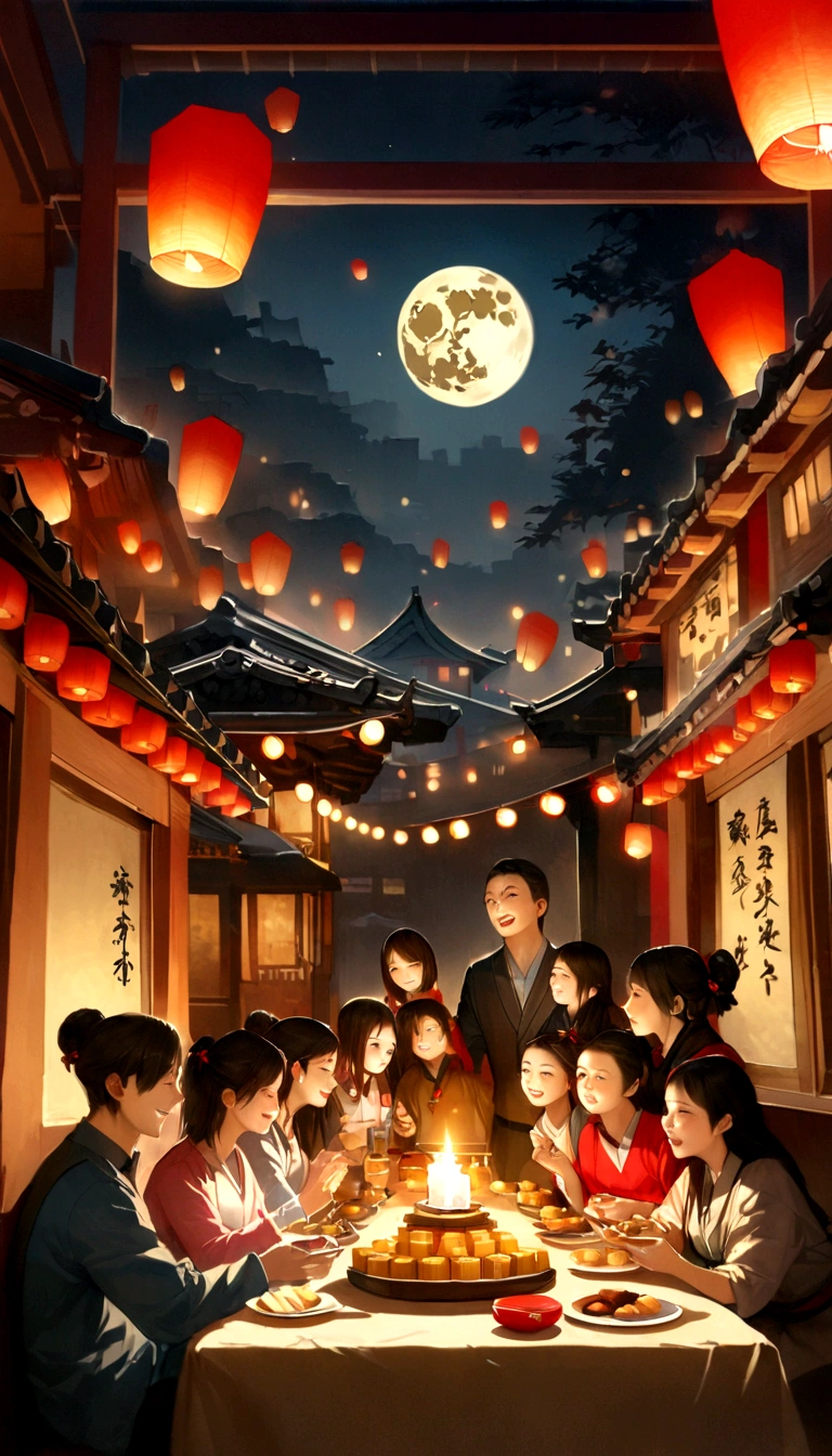 A family sitting together, Enjoy a festive dinner, Surrounded by a warm and comfortable atmosphere. The room was beautifully decorated,Equipped with lanterns, Symbolizes the joy of Mid-Autumn Festival. The table is filled with all kinds of delicious food, Includes traditional mooncakes. Moonlight shone through the windows, Casting a soft glow on everyone's face. The family is talking and laughing, 在这个特殊的时刻表达他们的like和幸福. Artworks are made from the finest materials, Such as oil painting or high-resolution digital rendering, Ensure the highest quality and detail. Bright colors, Create visually stunning presentations for holiday celebrations. Carefully designed lighting, Focus on capturing the warm and peaceful atmosphere of the night. This piece of art is a masterpiece, With ultra-fine elements and realism, Realistic style. The moon in the night sky is depicted as a perfect circle, Represents the full moon of the Mid-Autumn Festival. The scene is full of joy, like, and togetherness, Capture the essence of the festival.You can see the full moon hanging high in the sky