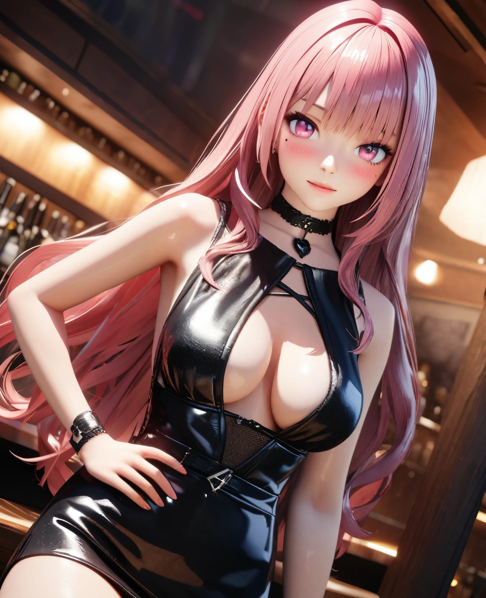 masterpiece, best quality, very detailed, high resolution, expensive resolution, high resolution, 4K, 8k, Unity 8k wallpaper, highly detailed CG, masterpiece, 2D, 3D, beautiful details, depth, fine texture, best quality: 1.3, perfectly focused, crispy skin, he,
Very cute anime girl, two girls who are employees of a night bar, sexy dress, big breasts, expensive pink medium long hair and brown short hair, two girls, night bar, mole under eye, looking at the viewer, expensive, blush, mole, lips parted,, heart, pink eyes, choker