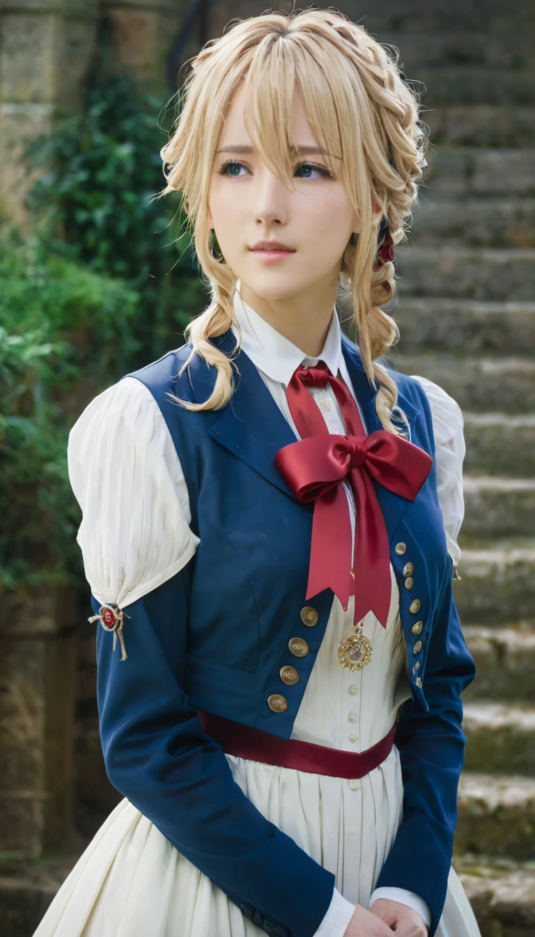 violet evergarden, braid, hair ribbon, red ribbon, jewelry, white ascot, brooch, blue jacket, long sleeves, mechanical hands, white dress, long dress