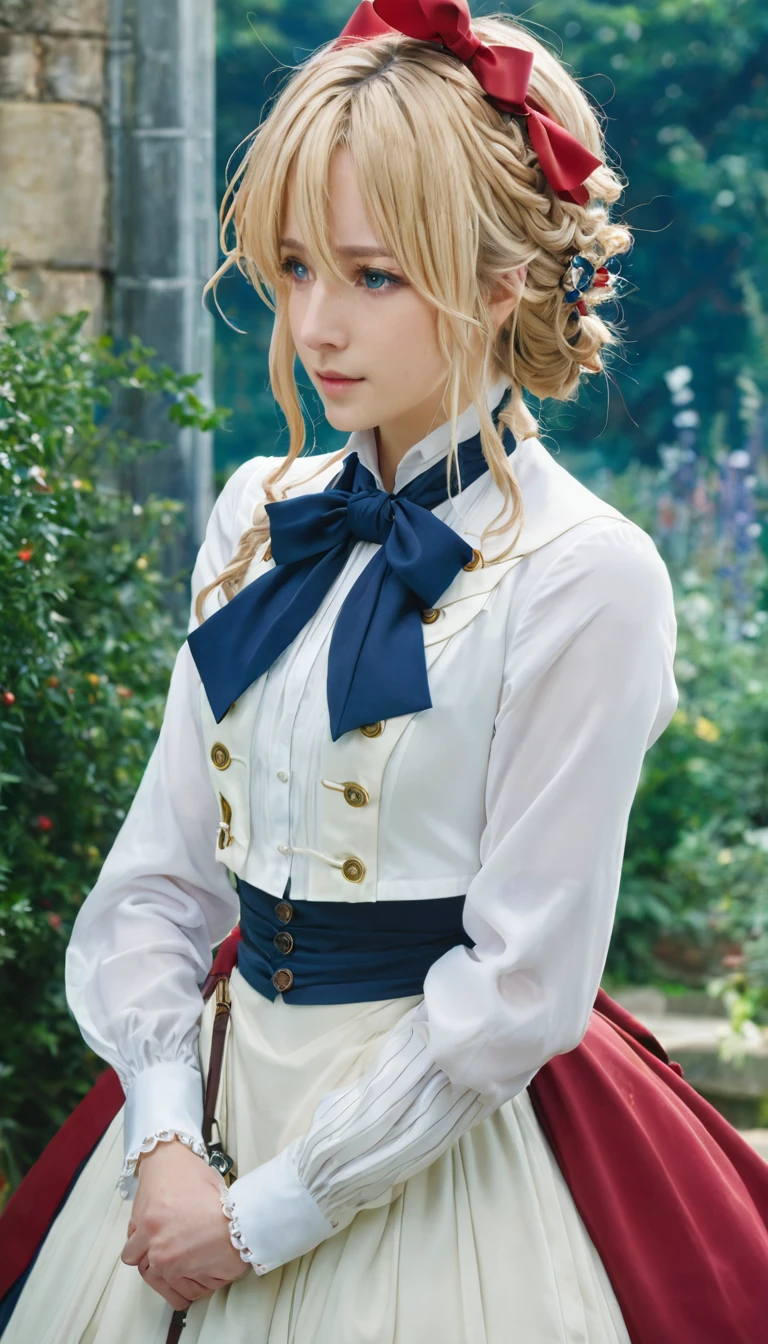 violet evergarden, braid, hair ribbon, red ribbon, jewelry, white ascot, brooch, blue jacket, long sleeves, mechanical hands, white dress, long dress