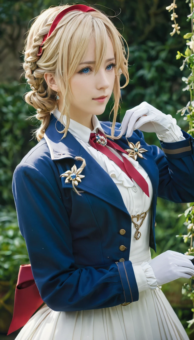 violet evergarden, braid, hair ribbon, red ribbon, jewelry, white ascot, brooch, blue jacket, long sleeves, mechanical hands, white dress, long dress