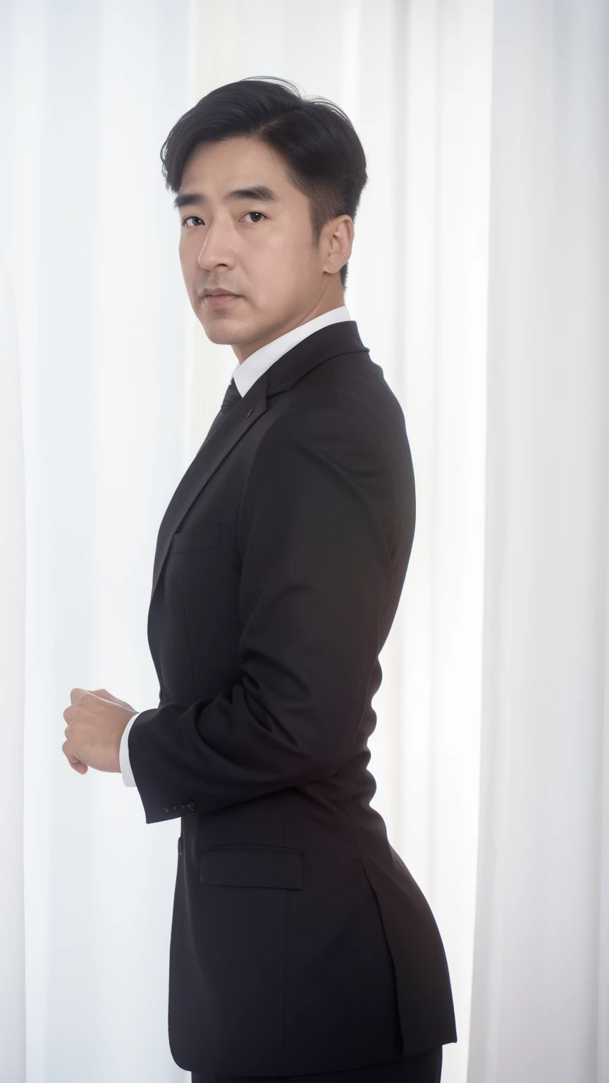 40-year-old male, Soft headlight,High-density imaging,(Clean and delicate face),((Black suit)),((Various dynamic poses)),((White curtains in the background)),best quality,masterpiece,(Soft colors:1.2)