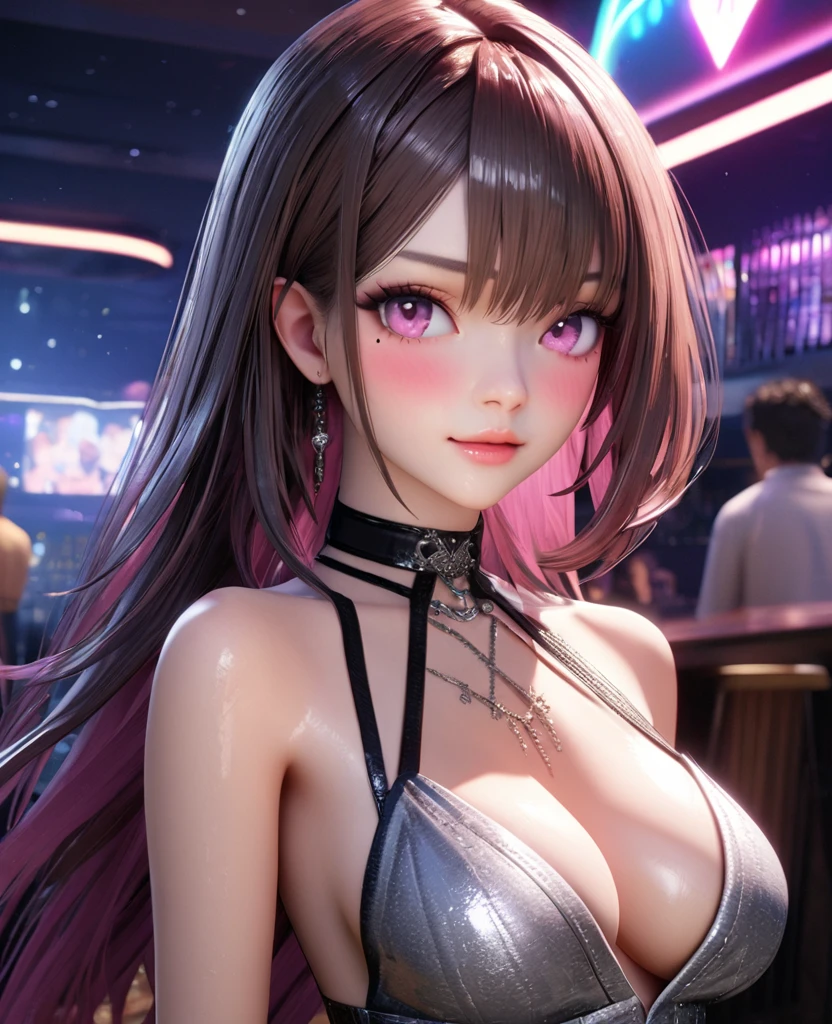 masterpiece, best quality, very detailed, high resolution, expensive resolution, high resolution, 4K, 8k, Unity 8k wallpaper, highly detailed CG, masterpiece, 2D, 3D, beautiful details, depth, fine texture, best quality: 1.3, perfectly focused, crispy skin, he,
Very cute anime girl, two girls who are employees of a night bar, y dress, bigxpensive pink medium long hair and brown short hair, two girls, night bar, mole under eye, looking at the viewer, expensive, blush, mole, lips parted,, heart, pink eyes, choker