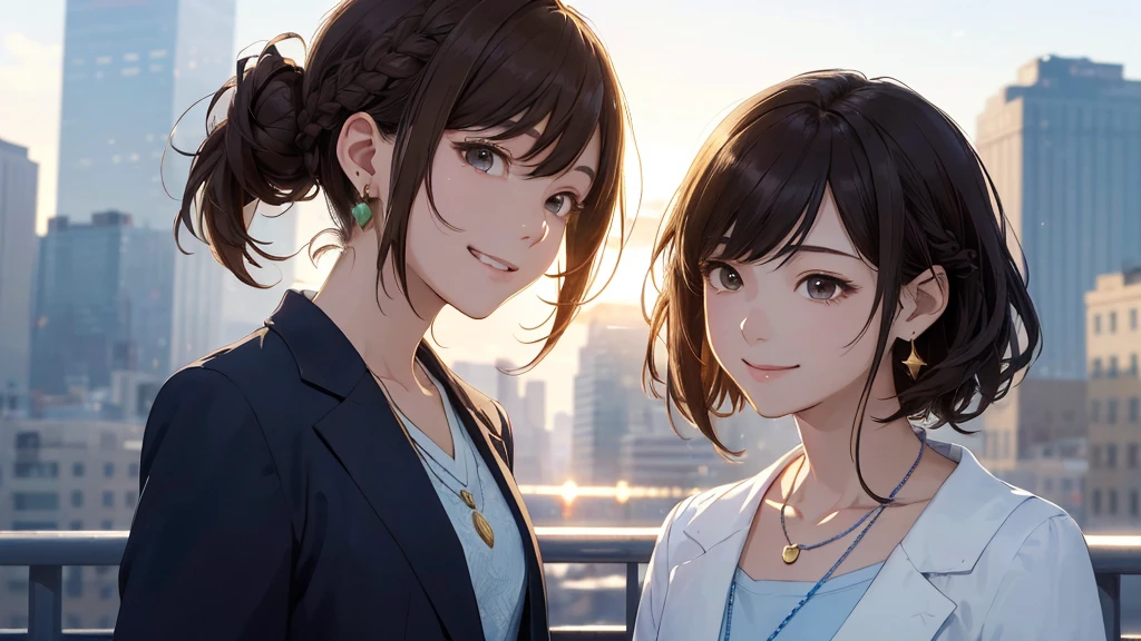 The background is the city、Skyscraper、Busy downtown area(Highest quality、masterpiece、High resolution)、、((Right beside、Woman profile、))、(Detailed depiction of a beautiful face)、Suit jacket、A kind smile、Medium Short Hair、Brown Hair、Braiding、、
information(Highest quality:1.2)、Very detailed、High resolution、masterpiece:1,2、Bright colors、Bokeh、Professional Lighting、Physically Based Rendering、Flat Color:0.8、Fine Illustration、Realistic:1.37、Makoto Shinkai style、Name Style、Light Brown Hair、Elegant update、Short Bob、Young woman、Laugh together、Dynamic poselip、cheek(Dark Brown Hair/)bangs、cheek(direction)、(最高masterpiece1.2)繊細なイラストVery detailed、Break Blue Sky、Detailed Background、20-year-old female、、A shy smile、Through clenched teeth、Clench your teeth、lip、cheek(Flat Color: 0.8)、(masterpiece: 1,2)、(masterpiece: 1,2)、High resolution、超High resolution、Highest quality、High resolution、Ultra-thin illustration、Makoto Shinkai style、Your Name is Style、long hair、Short Bob、necklace、Earrings、Dynamic pose、Selfie、whole body、Brown Hair、Braiding、Hair Bun、ponytail・Hair Bunスタイル、necklace、Valletta、ribbon、Earrings・アニキュア,。