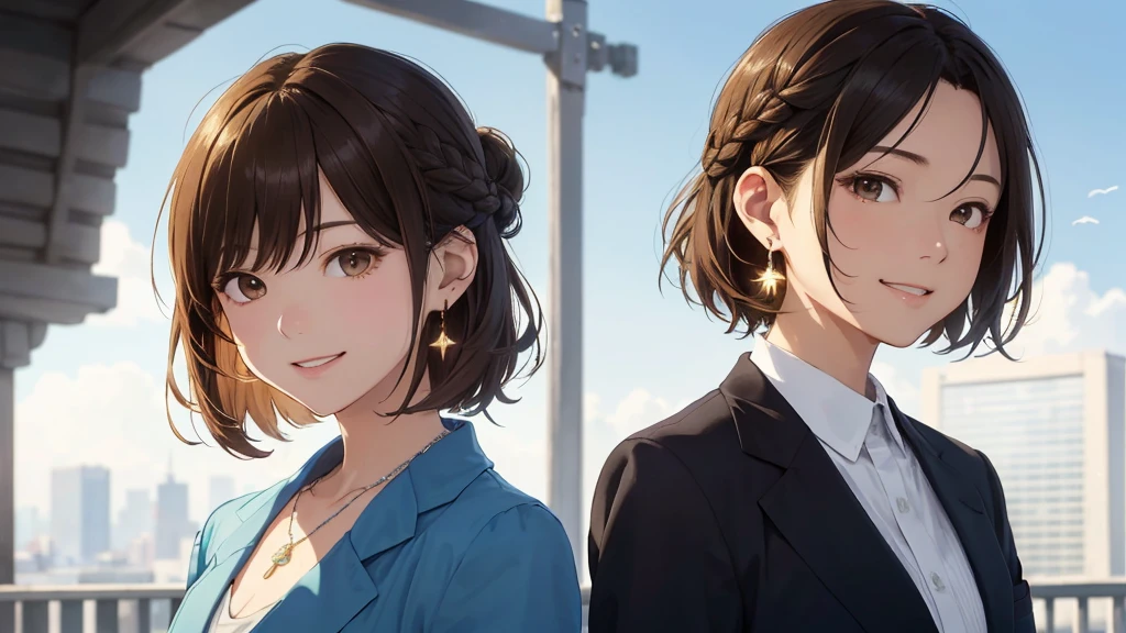 The background is the city、Skyscraper、Busy downtown area(Highest quality、masterpiece、High resolution)、、((Right beside、Woman profile、))、(Detailed depiction of a beautiful face）、Suit jacket、A kind smile、Medium Short Hair、Brown Hair、Braiding、、
information(Highest quality:1.2)、Very detailed、High resolution、masterpiece:1,2、Bright colors、Bokeh、Professional Lighting、Physically Based Rendering、Flat Color:0.8、Fine Illustration、Realistic:1.37、Makoto Shinkai style、Name Style、Light Brown Hair、Elegant update、Short Bob、Young woman、Laugh together、Dynamic poselip、cheek(Dark Brown Hair/)bangs、cheek(direction)、(最高masterpiece1.2)繊細なイラストVery detailed、Break Blue Sky、Detailed Background、20-year-old female、、A shy smile、Through clenched teeth、Clench your teeth、lip、cheek(Flat Color: 0.8)、(masterpiece: 1,2)、(masterpiece: 1,2)、High resolution、超High resolution、Highest quality、High resolution、Ultra-thin illustration、Makoto Shinkai style、Your Name is Style、long hair、Short Bob、necklace、Earrings、Dynamic pose、Selfie、whole body、Brown Hair、Braiding、Hair Bun、ponytail･Hair Bunスタイル、necklace、Valletta、ribbon、Earrings・アニキュア,。
