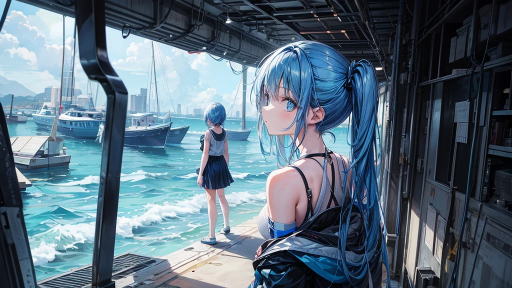 girl turning her back to the camera, blue atmosphere