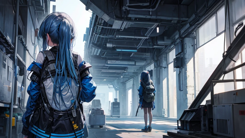 girl turning her back to the camera, blue atmosphere