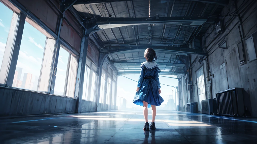 girl turning her back to the camera, blue atmosphere