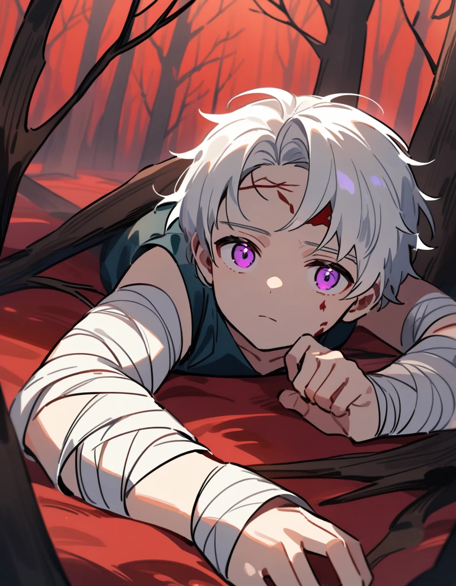 little Greek boy with white hair, violet eyes, with bandaged wrists, lying alone in a red forest with dead trees, with cuts on his arms and his forehead bleeding