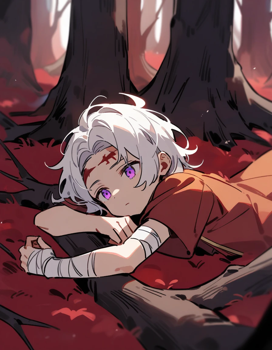 little Greek boy with white hair, violet eyes, with bandaged wrists, lying alone in a red forest with dead trees, with cuts on his arms and his forehead bleeding