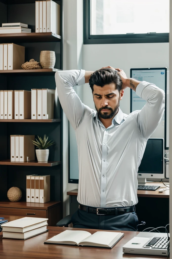 In a modern office, a man sits at his desk with one hand on his head in frustration. His computer screen shows code with errors, and the background includes shelves with books and office supplies."

