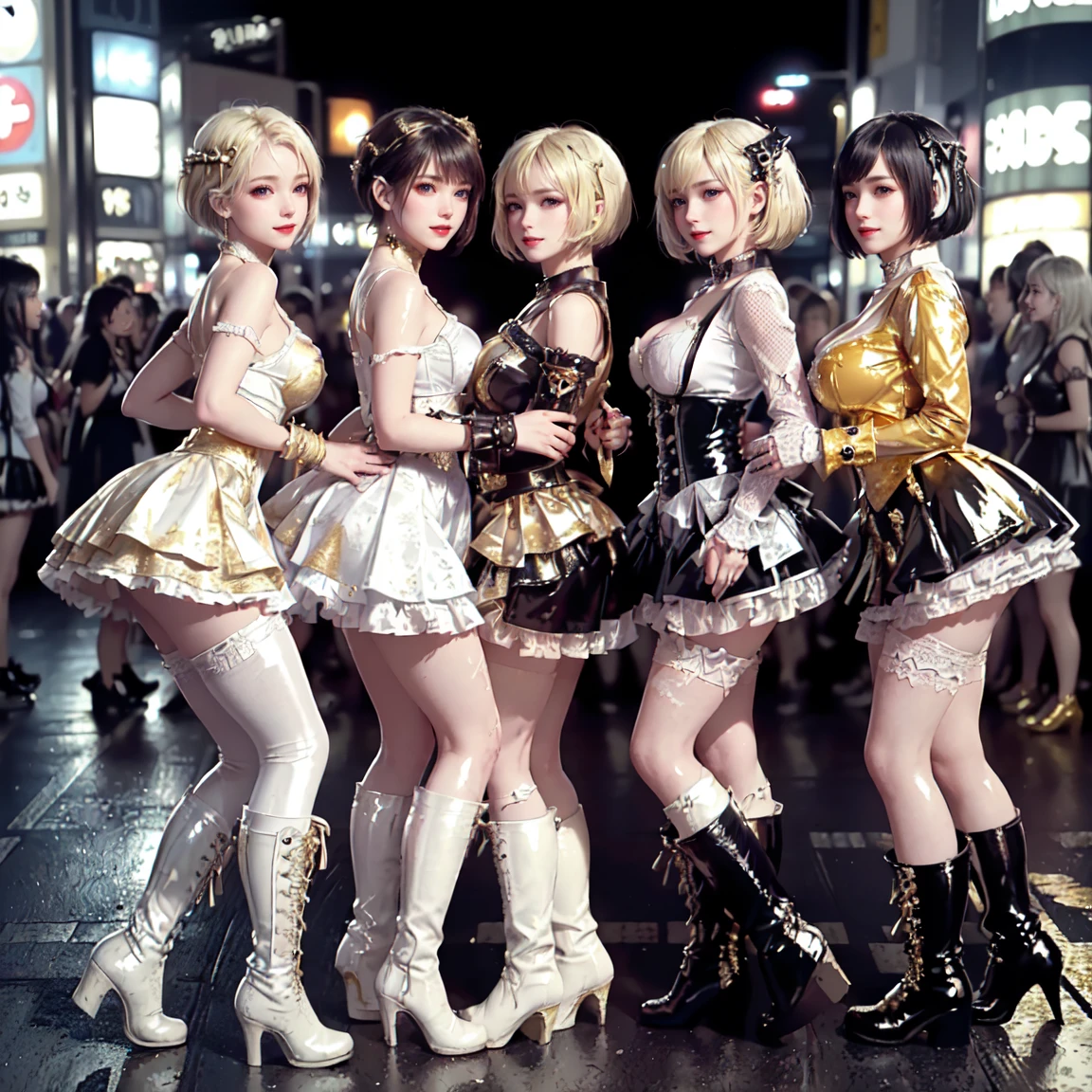 masterpiece, top-quality, top-quality, Beautifully Aesthetic:1.2, ((3 girls)), 
((Middle girl is Wearing a shiny Punk dress, miniskirt:1,2), high detailed, 
((Left girl is Wearing a shiny Punk dress, miniskirt:1,2), high detailed, 
((Right girl is Wearing a shiny Punk dress, miniskirt:1,2), high detailed, 
(Three girls are standing side by side in a neat line:1.3), large breasts, firm breast, nicely shaped breasts, slender figure, 
(((Bleached Hair))), pink mesh hair, (short hair:1.2), see-through black thigh-highs,
((At the middle of very crowded Shibuya Scramble Crossing at late night:1.2)), ((Surrounded by many people dancing for Three girls)), (Full body shot:1.1), (From back:1.3), (((Looking at viewer))), (shot from below, from lower angle)