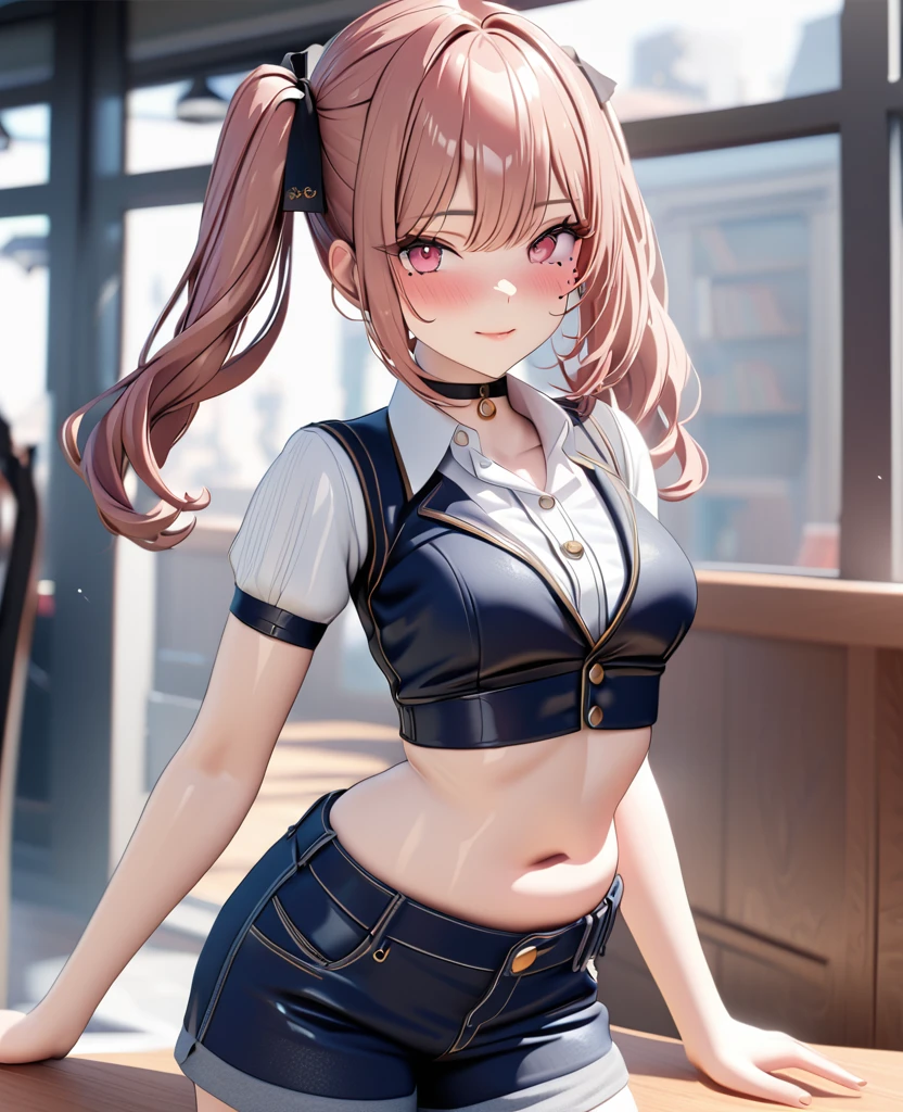 masterpiece, best quality, highly detailed, high resolution, expensive resolution, high resolution, 4K, 8k, uniform 8k wallpaper, highly detailed CG, masterpiece, 2D, 3D, beautiful details, depth, fine texture, best quality: 1.3, perfectly focused, crispy. skin, him, cute anime 20s girl, her name is Mei, idol, expensive brown short twin tails, mole under eye, looking at the viewer, cowboy shorts, expensive, blush, mole, plump lips, heart, pink eyes, heart shaped choker