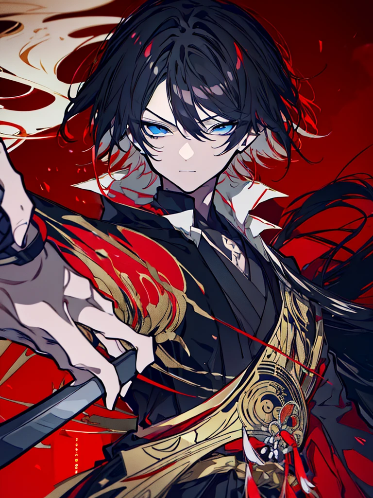 a close up of a person with a sword and a guy with a red dress, handsome guy in demon slayer art, best anime character design, detailed anime character art, anime character; full body art, anime character design a death god, character adoptable, handsome japanese demon boy, bloody + concept art, official character art, onmyoji detailed art, beautiful male god of death a close up of a person in a black dress with a gold belt, flowing white robes, white haired deity, genshin impact character, golden-black robes, picture of a male samurai and death god, d&d dark sun character art, official character art, portrait of ororo munroe, holding a katana, holding a katana, holding a katana, holding a katana, holding a katana, bloody, bloody, bloody, bloody, red and golden effects, red and golden effects, red effects, golden effects,black hair, black hair, black hair, black hair, black hair, golden effects, golden effects, BLUE eyes, BLUE eyes, BLUE eyes, BLUE eyes