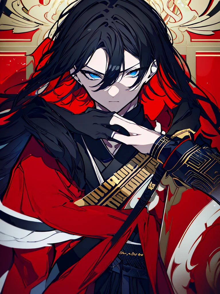 a close up of a person with a sword and a guy with a red dress, handsome guy in demon slayer art, best anime character design, detailed anime character art, anime character; full body art, anime character design a death god, character adoptable, handsome japanese demon boy, bloody + concept art, official character art, onmyoji detailed art, beautiful male god of death a close up of a person in a black dress with a gold belt, flowing white robes, white haired deity, genshin impact character, golden-black robes, picture of a male samurai and death god, d&d dark sun character art, official character art, portrait of ororo munroe, holding a katana, holding a katana, holding a katana, holding a katana, holding a katana, bloody, bloody, bloody, bloody, red and golden effects, red and golden effects, red effects, golden effects,black hair, black hair, black hair, black hair, black hair, golden effects, golden effects, BLUE eyes, BLUE eyes, BLUE eyes, BLUE eyes