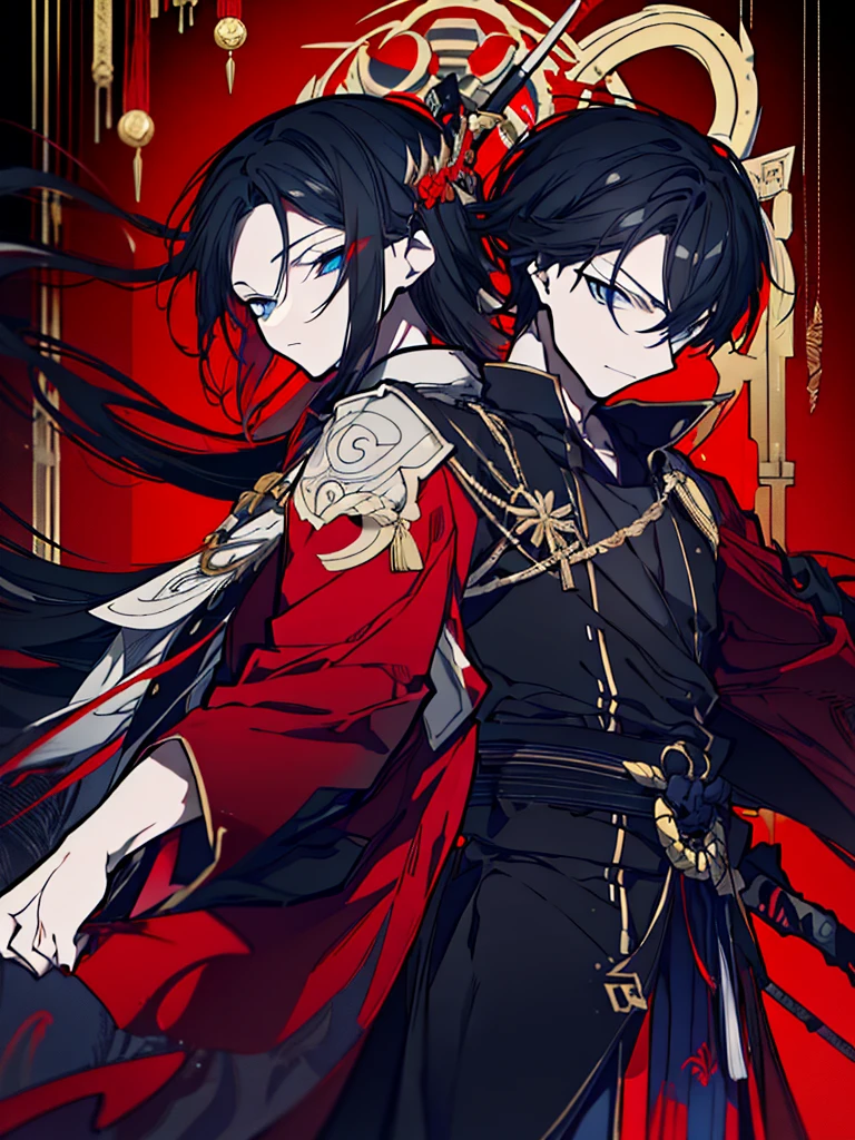 a close up of a person with a sword and a guy with a red dress, handsome guy in demon slayer art, best anime character design, detailed anime character art, anime character; full body art, anime character design a death god, character adoptable, handsome japanese demon boy, bloody + concept art, official character art, onmyoji detailed art, beautiful male god of death a close up of a person in a black dress with a gold belt, flowing white robes, white haired deity, genshin impact character, golden-black robes, picture of a male samurai and death god, d&d dark sun character art, official character art, portrait of ororo munroe, holding a katana, holding a katana, holding a katana, holding a katana, holding a katana, bloody, bloody, bloody, bloody, red and golden effects, red and golden effects, red effects, golden effects,black hair, black hair, black hair, black hair, black hair, golden effects, golden effects, BLUE eyes, BLUE eyes, BLUE eyes, BLUE eyes
