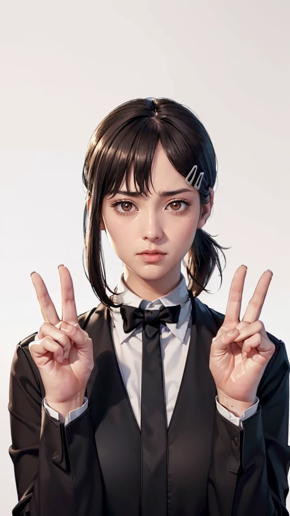 (((Perfect body,White and tender skin,(((Black strap dress, black long bow tie, white lining, black hat))),(((Kobeni Higashiyama, black hair, hair ornament, hairclip, ponytail, short hair, (brown eyes:1.5),))),((masterpiece)),highres,((Best quality at best)),masterpiece,quality,Best quality,((( Exquisite facial features,Looking at the audience,There is light in the eyes,(((frown,Wronged))),Scissorhands))),(((Light and shadow,Huge breasts,))),(((Looking at the camera,White background))))