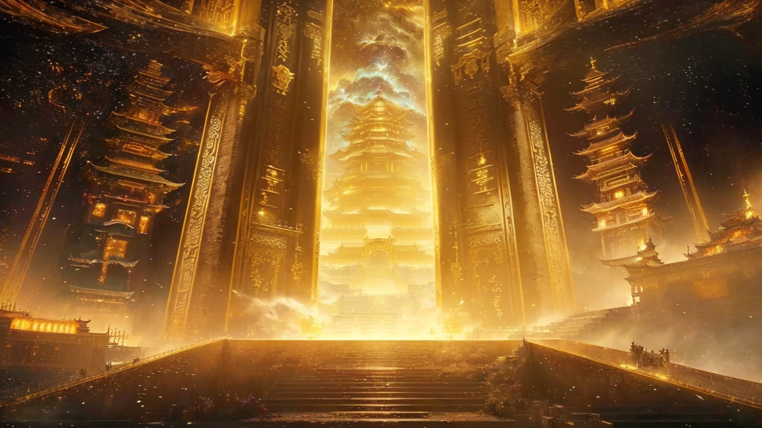 Close-up of stairs leading to a building,Sky in the background, gold gates of heaven!!!!!!!!, tall golden heavenly gates, Cyberpunk Chinese Ancient Castle, Ruina Library concept art, Infinite Celestial Library, Opening, Beautiful rendering of the Tang Dynasty, Temple Background, Golden pillars, Galaxy Temple, Kingdom of Light Background, An ancient city engulfed in fire, xianxia fantasy
