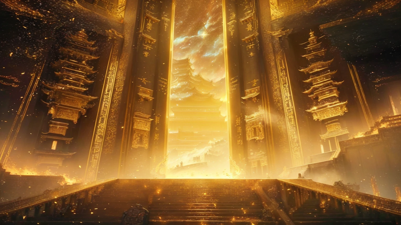 Close-up of stairs leading to a building,Sky in the background, gold gates of heaven!!!!!!!!, tall golden heavenly gates, Cyberpunk Chinese Ancient Castle, Ruina Library concept art, Infinite Celestial Library, Opening, Beautiful rendering of the Tang Dynasty, Temple Background, Golden pillars, Galaxy Temple, Kingdom of Light Background, An ancient city engulfed in fire, xianxia fantasy