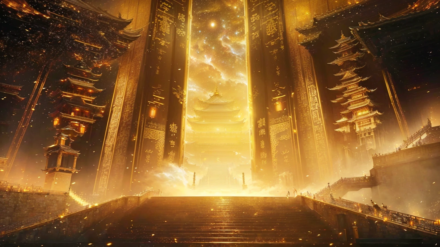 Close-up of stairs leading to a building,Sky in the background, gold gates of heaven!!!!!!!!, tall golden heavenly gates, Cyberpunk Chinese Ancient Castle, Ruina Library concept art, Infinite Celestial Library, Opening, Beautiful rendering of the Tang Dynasty, Temple Background, Golden pillars, Galaxy Temple, Kingdom of Light Background, An ancient city engulfed in fire, xianxia fantasy