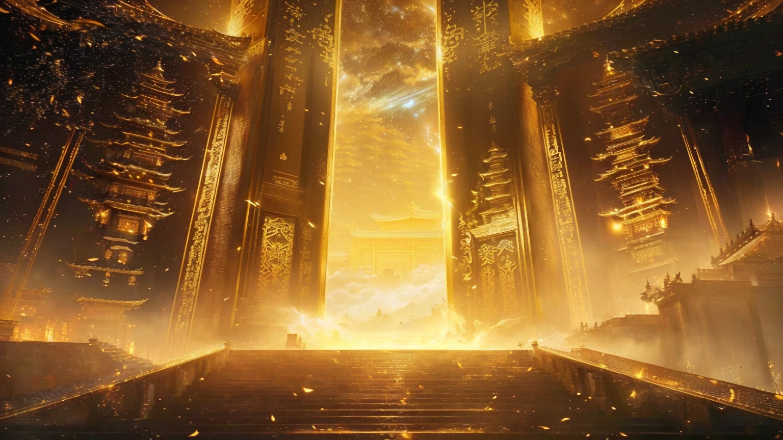Close-up of stairs leading to a building，Sky in the background, gold gates of heaven!!!!!!!!, tall golden heavenly gates, Cyberpunk Chinese Ancient Castle, Ruina Library concept art, Infinite Celestial Library, Opening, Beautiful rendering of the Tang Dynasty, Temple Background, Golden pillars, Galaxy Temple, Kingdom of Light Background, An ancient city engulfed in fire, xianxia fantasy