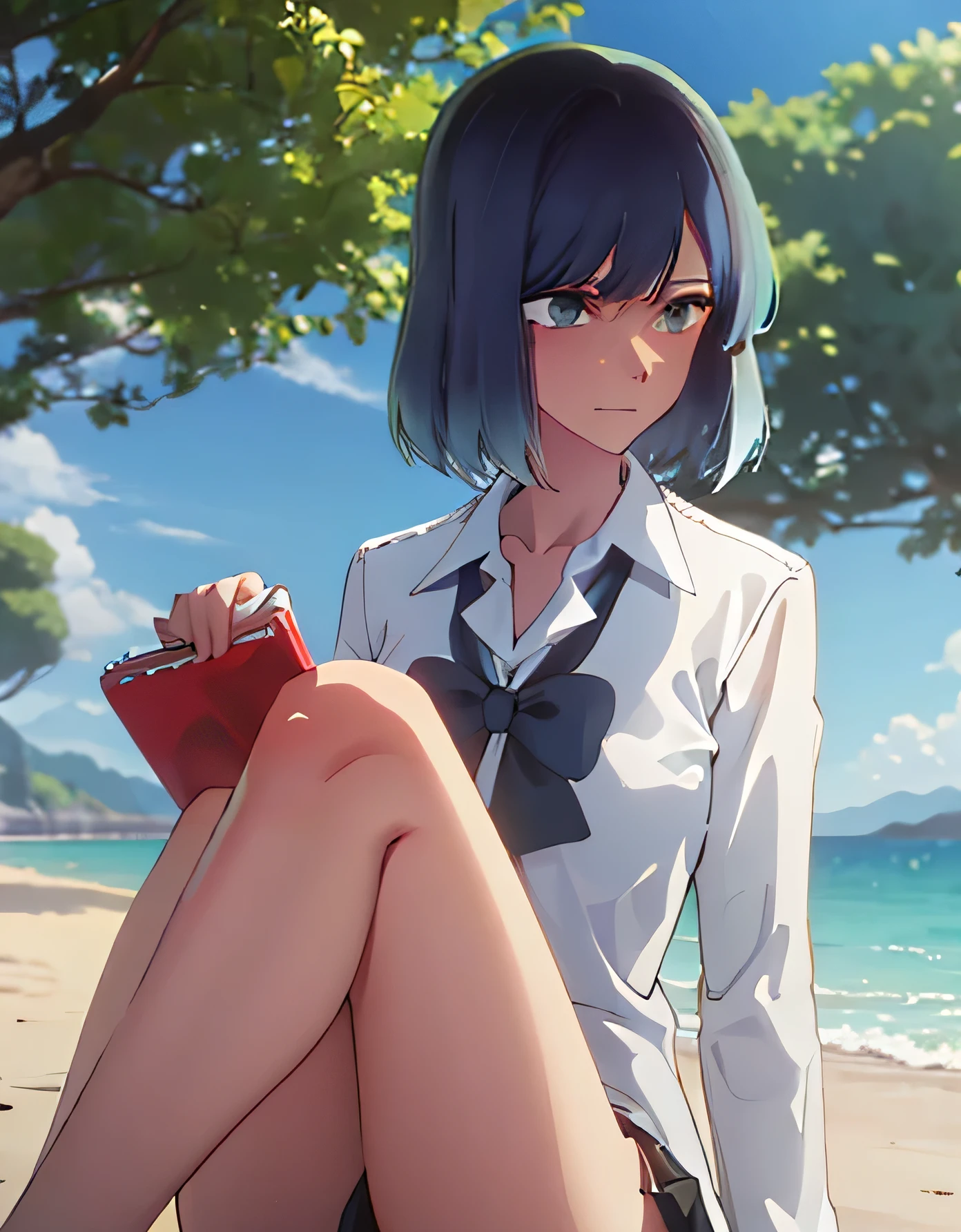 tall body, tall, long legs, mature woman, mature, adult, , eft_oshi_akane, alone, 1 girl, blue hair, white shirt, looking at viewer, medium hair, bikini, bangs, closed mouth, green eyes, multi-colored hair, hair short, hand up, sweat, bleached hair, blue eyes, on the beach, beach, more details XL