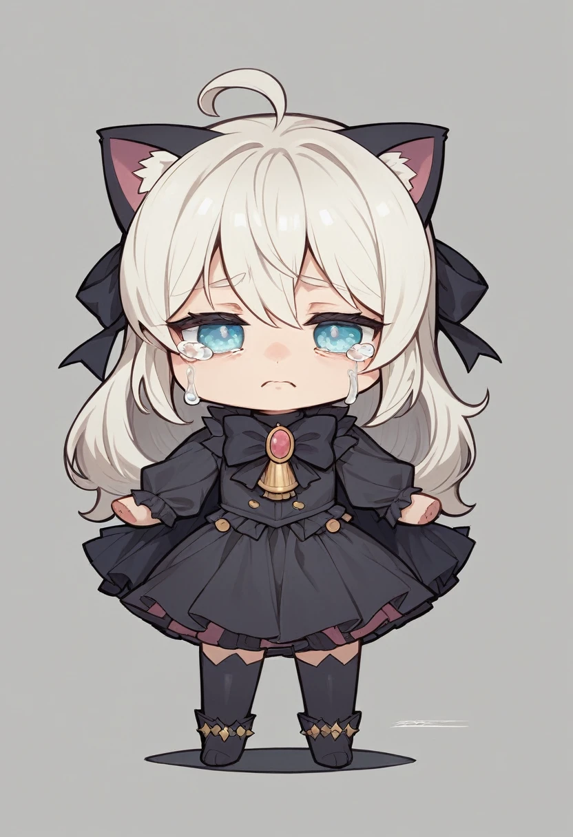 (best quality,4k,highres,ultra-detailed,masterpiece:1.3), black cat, Anime girl, Fine art, chibi caracter, sorrow, sad, crying