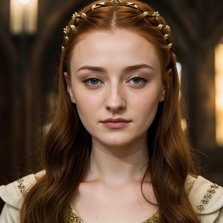 Foto RAW, Sansa Stark PLAYED BY SOPHIE TURNER Ned and Cat's oldest daughter. Demure and ladylike, her dream to marry Prince Joffrey. Her direwolf named Lady , Game of Thrones Series, (pele altamente detalhada: 1.2), 8k UHD, DSLR, soft-lighting, alta qualidade, grain of film, Fujifilm XT3