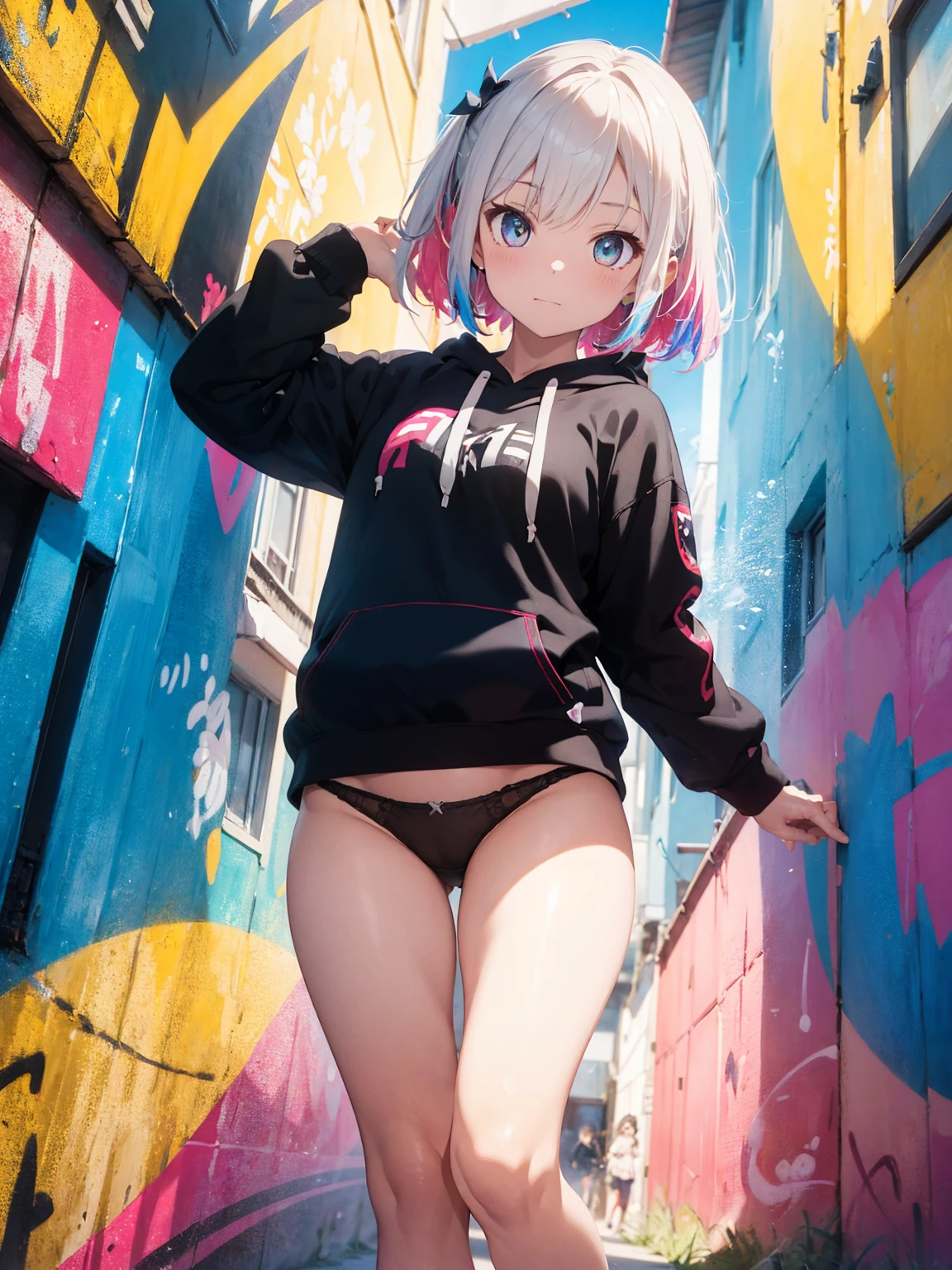 full body, snfw, masterpiece, high quality, highres, absurdres, ultra-detailed, 8k, 1girl, Pastel colors hair, multicolored hair, gradient hair, looking at viewer, colorful eyes, (Pastel colors panties), (ultra-small panties), (unadorned panties), (colorful hoodie), Well-endowed, ???????, full body shot, ((angle from below)), (graffiti murals wall background:1.15), brilliant colorful paintings,  portrait, cross hair ornament, against wall, bangs, shadow, reflection