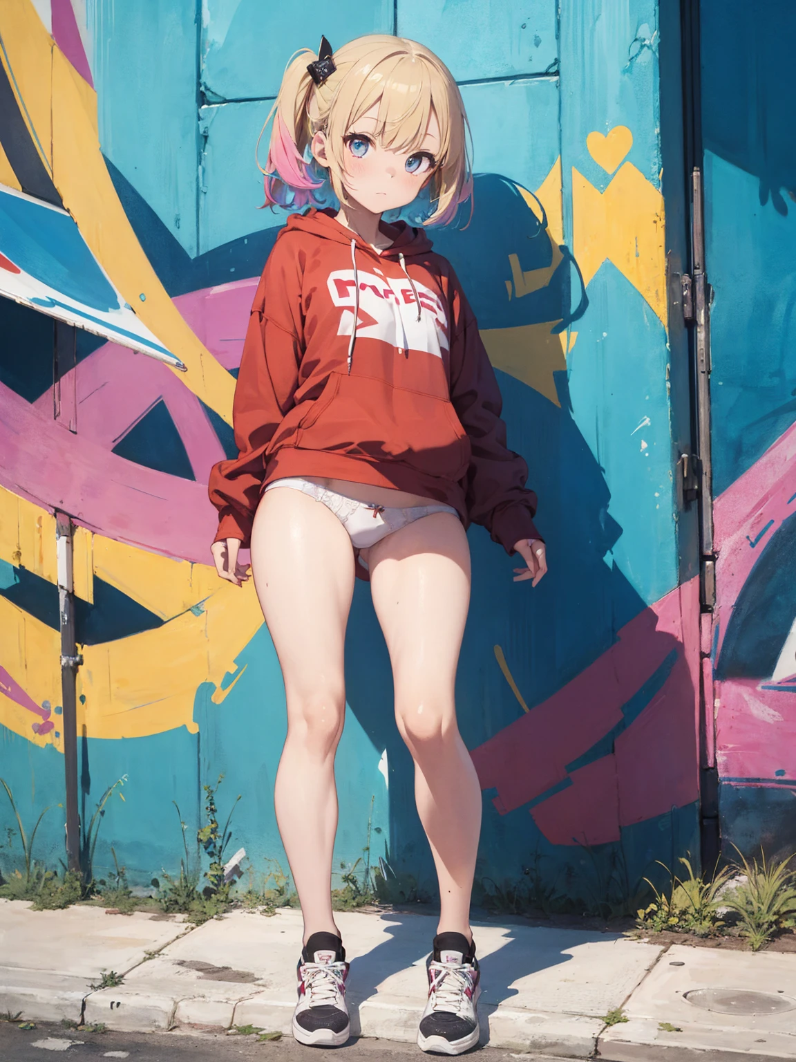 full body, snfw, masterpiece, high quality, highres, absurdres, ultra-detailed, 8k, 1girl, Pastel colors hair, multicolored hair, gradient hair, looking at viewer, colorful eyes, (Pastel colors ), (ultra-small ), (unadorned ), (colorful hoodie), Well-endowed, , full body shot, ((angle from below)), (graffiti murals wall background:1.15), brilliant colorful paintings,  portrait, cross hair ornament, against wall, bangs, shadow, reflection