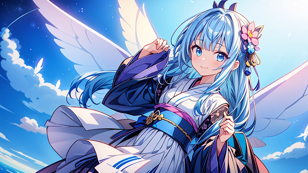 Highest quality、Masterpiece、Official Art、Dynamic composition、One Girl, alone,starの妖精、 Hello, Virtual YouTuber, Milky white with blue inner color hair, Transparent little fairy wings, Hello,wings, Blue Hair, smile, View your viewers, 青いbackground, background, Long Hair, Single hair ingestion, upper dy whole body,Blue eyes, 眉毛より上の短めのbangs, bangs, blue eyes,Sleeves are longer than the wrist, Gothic Lolita Kimono Remade from Kimono、universe、Milky Way、star、