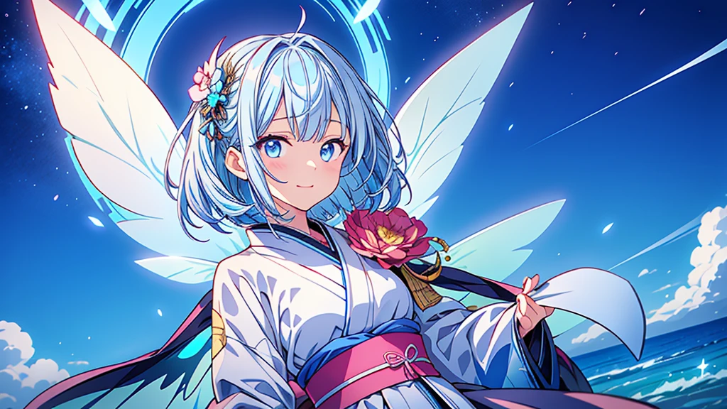 Highest quality、Masterpiece、Official Art、Dynamic composition、One Girl, alone,starの妖精、 Hello, Virtual YouTuber, Milky white with blue inner color hair, Transparent little fairy wings, Hello,wings, Blue Hair, smile, View your viewers, 青いbackground, background, Long Hair, Single hair ingestion, upper dy whole body,Blue eyes, 眉毛より上の短めのbangs, bangs, blue eyes,Sleeves are longer than the wrist, Gothic Lolita Kimono Remade from Kimono、universe、Milky Way、star、